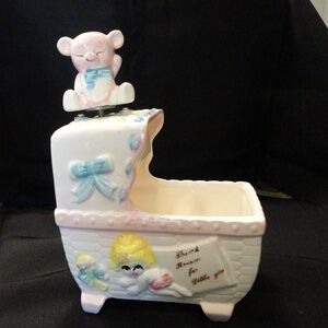 𝅺Baby Carriage Planter With Revolving Teddy Bear Vintage